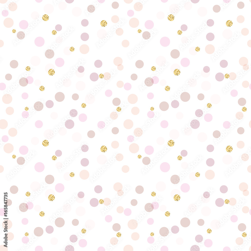 Modern Abstract Vector  Confetti Background. Seamless pattern in soft pastel colors and golden glitters. Festive party repeat.