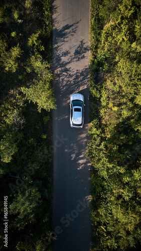 awesome top view modern car mooving on road between trees