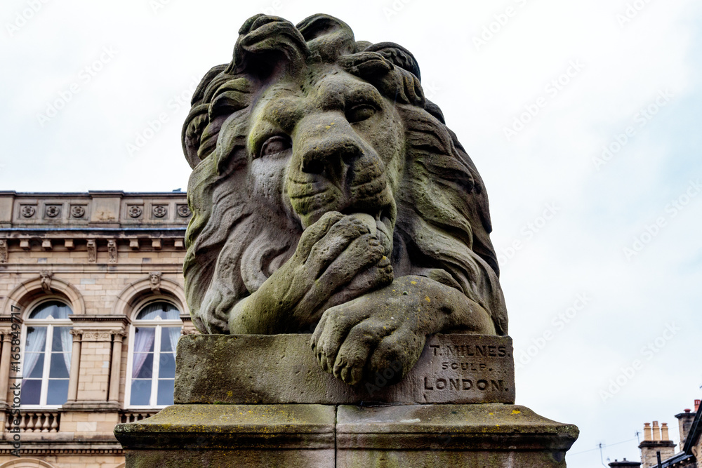 Lion statue by T.Milnes of London, outside Victoria Hall, Saltaire