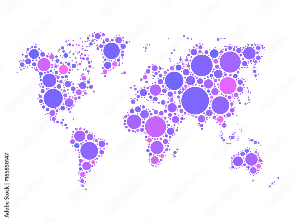 World map mosaic of violet dots in various sizes and shades on white background. Vector illustration. World map mosaic of violet dots in various sizes and shades on white background. Vector illustration.