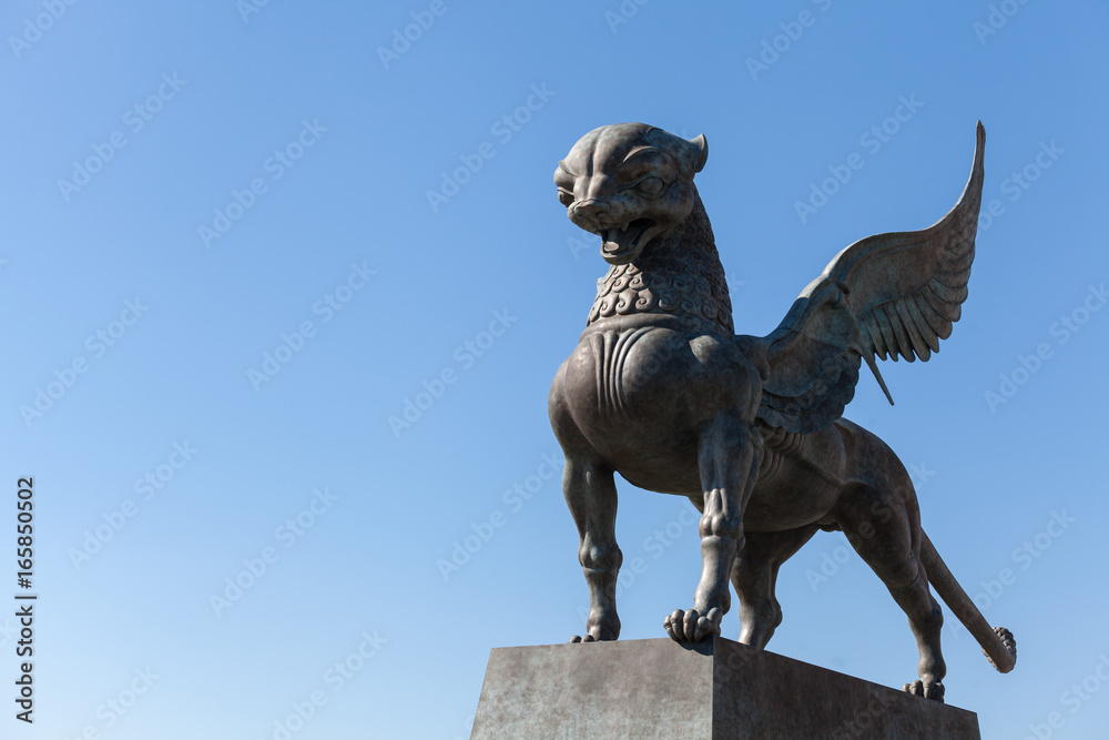 Winged leopard or lion statue symbol of republic of Tatarstan, Kazan