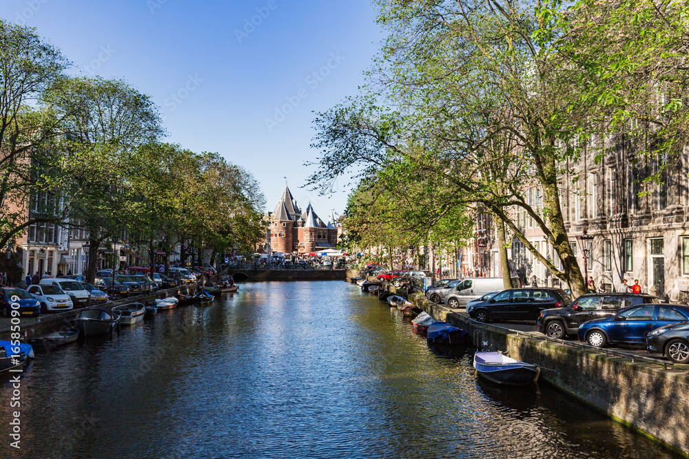 View of the Kloveniersburgwal canal in the old town part of Amsterdam