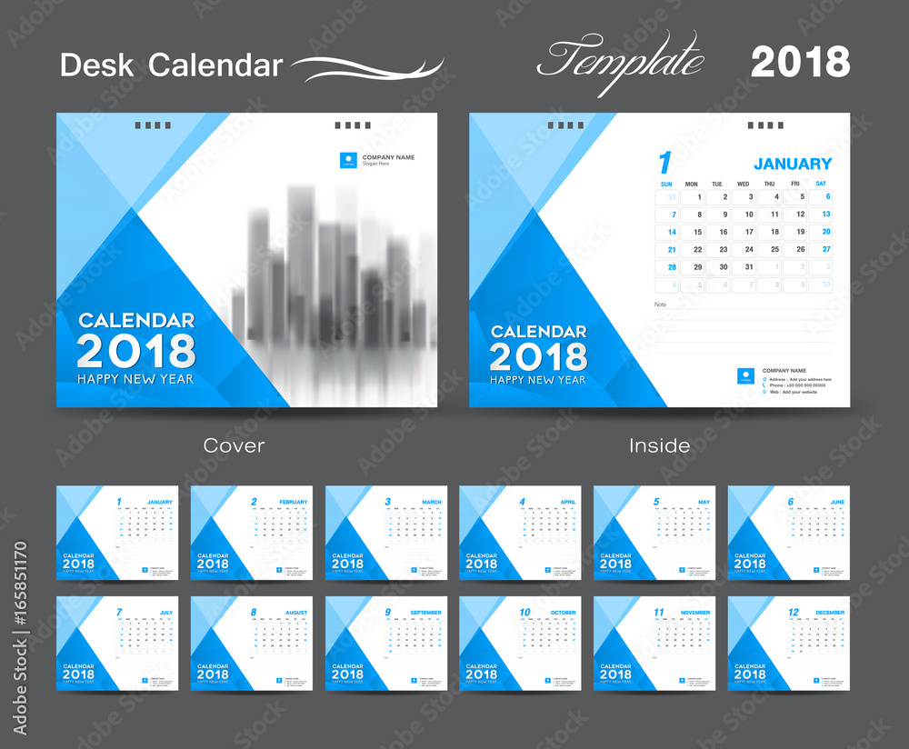 Desk Calendar 2018 template layout design, Blue cover, Set of 12 Months.ai, business flyer Stock Vector | Adobe Stock Desk Calendar 2018 template layout design, Blue cover, Set of 12 Months.ai, business flyer Stock Vector | Adobe Stock