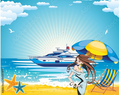 summer holidays background, Girl and yacht