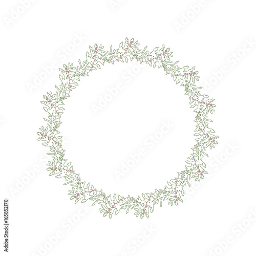 Vector botanical illustration with a wreath made of fir tree branches and berries.