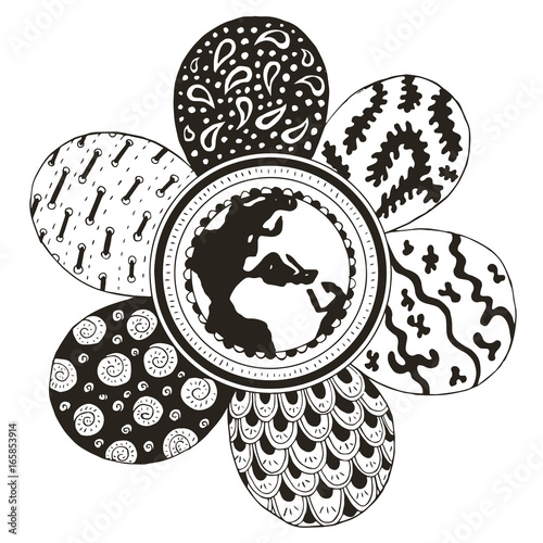 Earth globe in the middle of a flower, zentangle stylized petals, vector, illustration, freehand pencil.