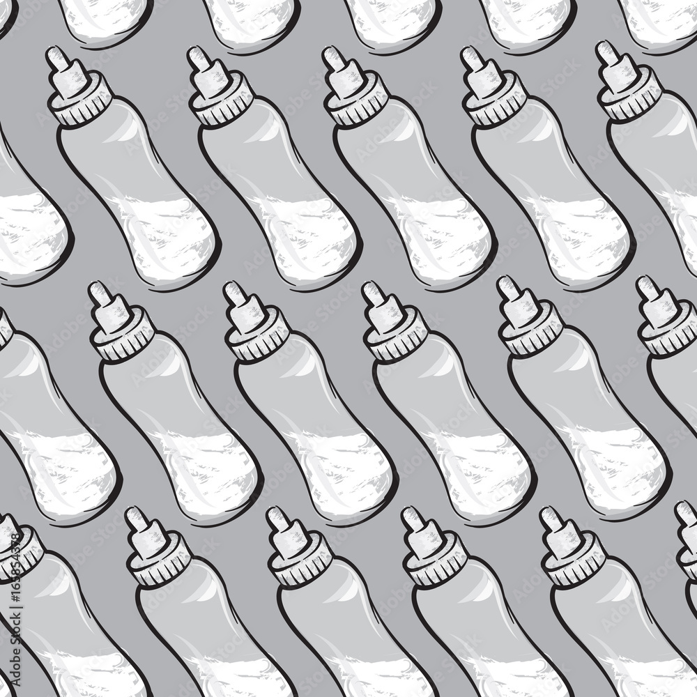 Baby bottle with milk seamless pattern. Baby care drawn background Baby bottle with milk seamless pattern. Baby care drawn background