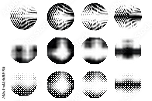 Set of halftone dots vector circle shapes. Abstract dotted stippling shapes. Monochrome halftone gradient circle set.