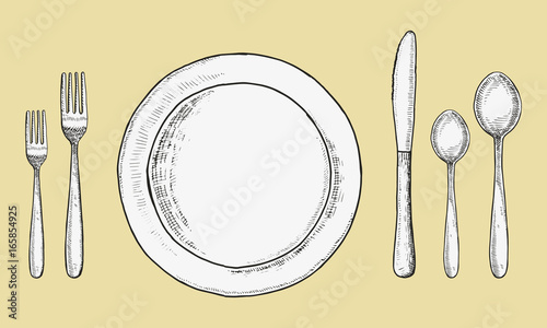 Cutlery forks and spoons with knives and plates vector. Sketch hand drawing. illustration