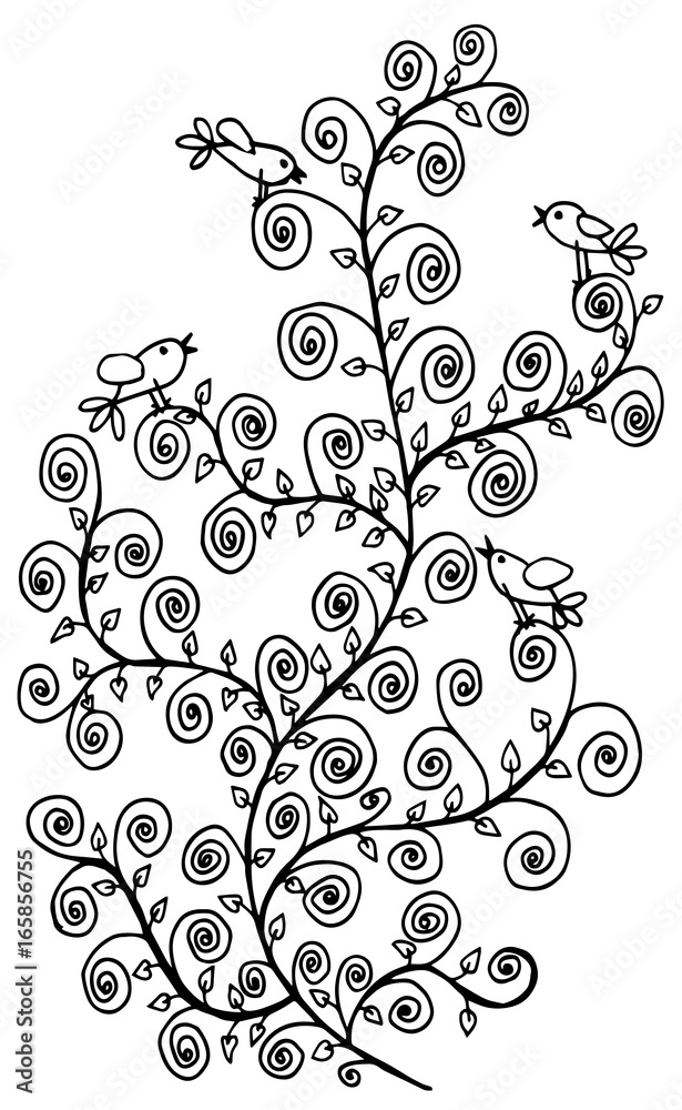 vector floral illustration of a birds and wild flowers