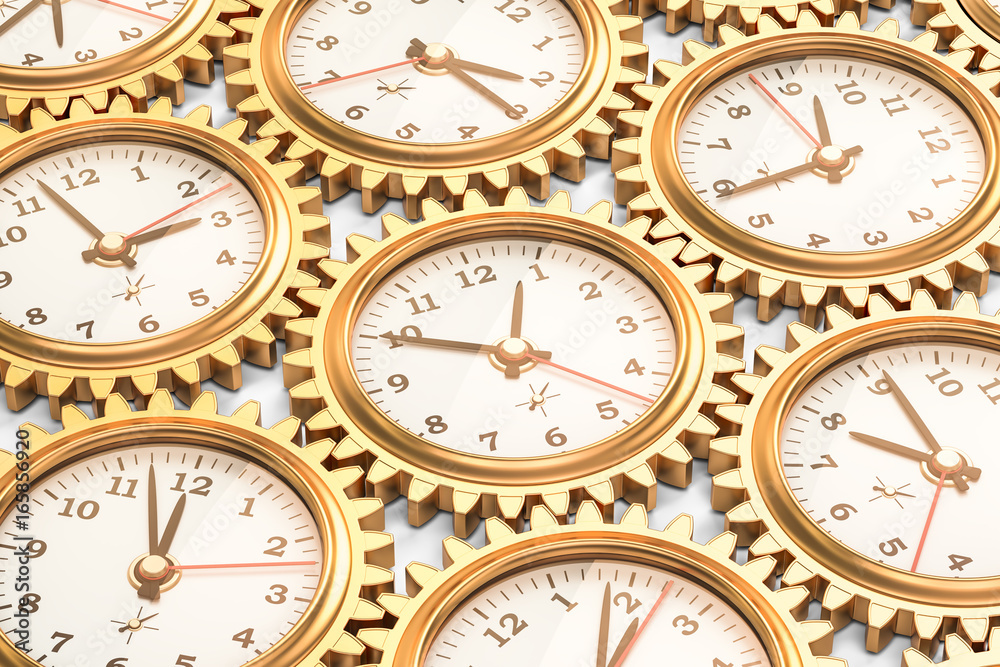 Clocks inside gears, time concept. 3D rendering Clocks inside gears, time concept. 3D rendering
