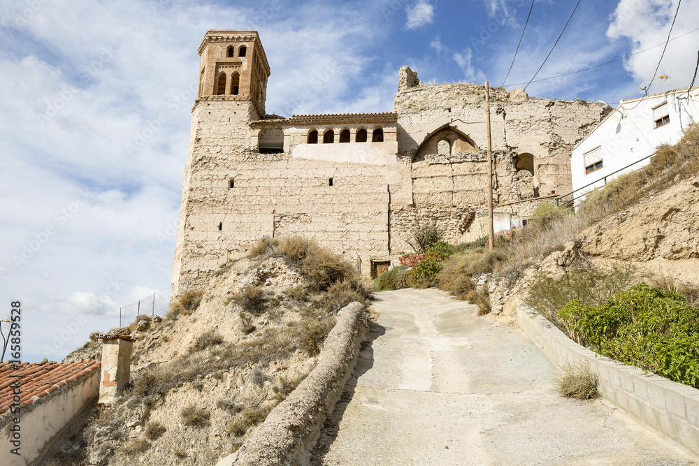 ruins of the San Miguel church and the castle in Maluenda town, province of Zaragoza, Aragon, Spain
