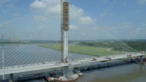 Aerial View of a Cable Stayed Bridge in the Late Construction Phase photo