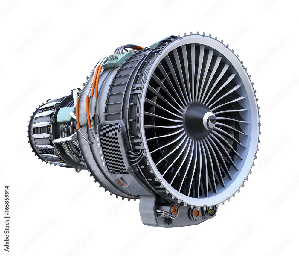 Turbofan jet engine isolated on white background. 3D rendering image ...