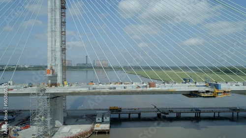 Aerial View of a Cable Stayed Bridge in the Late Construction Phase photo
