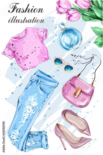 Fashion set with flowers, summer clothes, bag, sunglasses, shoes and perfume. Stylish summer clothing. Sketch. Vector illustration.