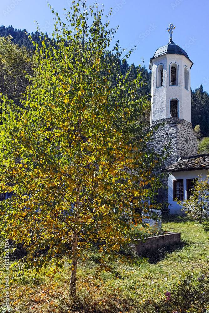 19th century Church of the Assumption, river and Autumn tree in town of Shiroka Laka, Smolyan Region, Bulgaria