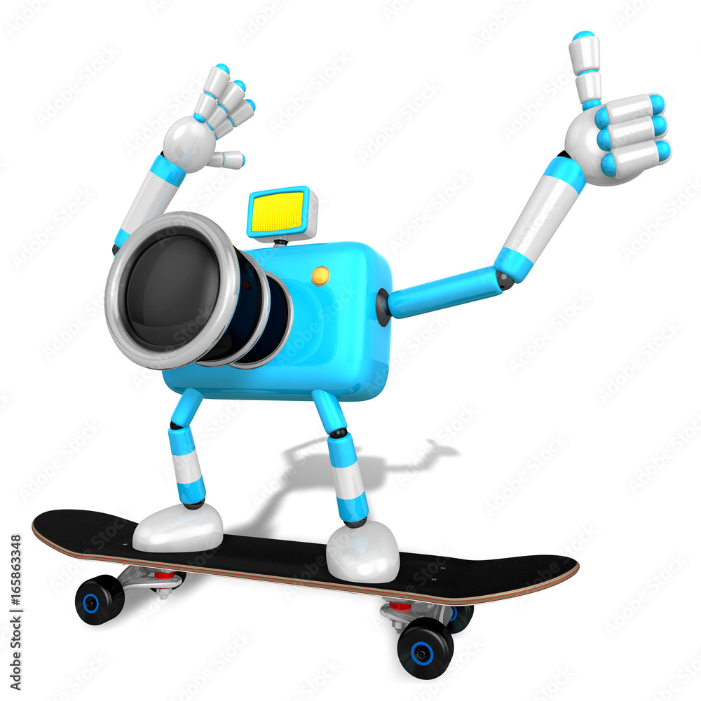 Sky Biue Camera Character skateboarding riding. Create 3D Camera Robot Series.