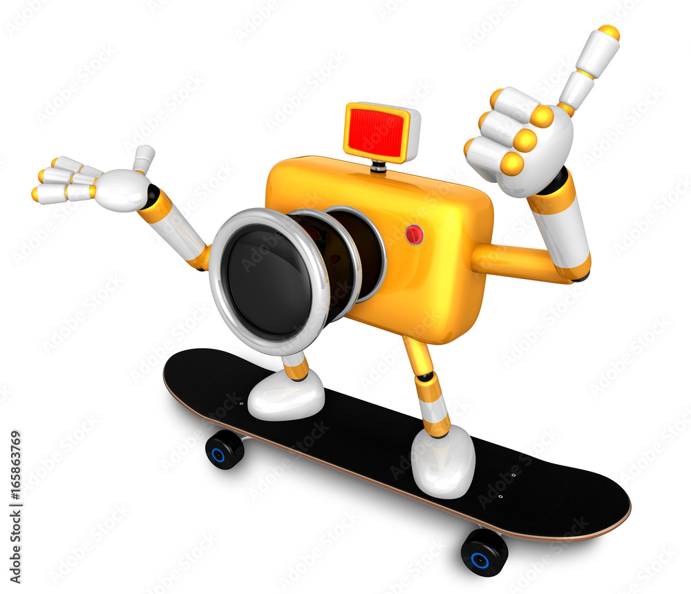 Yellow Camera Character skateboarding riding . Create 3D Camera Robot Series. Yellow Camera Character skateboarding riding . Create 3D Camera Robot Series.