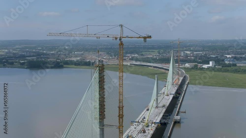 Aerial View of a Cable Stayed Bridge in the Late Construction Phase photo