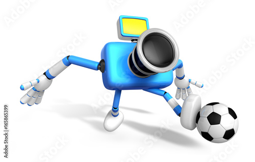 Strong 3d Blue Camera character kicking a soccer ball. Create 3D Camera Robot Series.