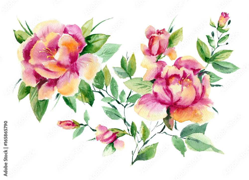 Obraz Malarstwo akwarelowe. Element kwiatowy. Gałąź z różowymi kwiatami na białym tle.