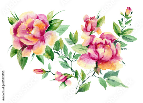 Fototapeta Naklejka Na Ścianę i Meble -  Watercolor painting. Floral element. Branch with pink flowers on a white background.