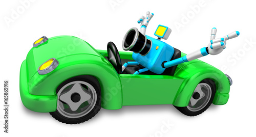 Driving a Green Convertible car in sky blue camera Character. Create 3D Camera Robot Series.
