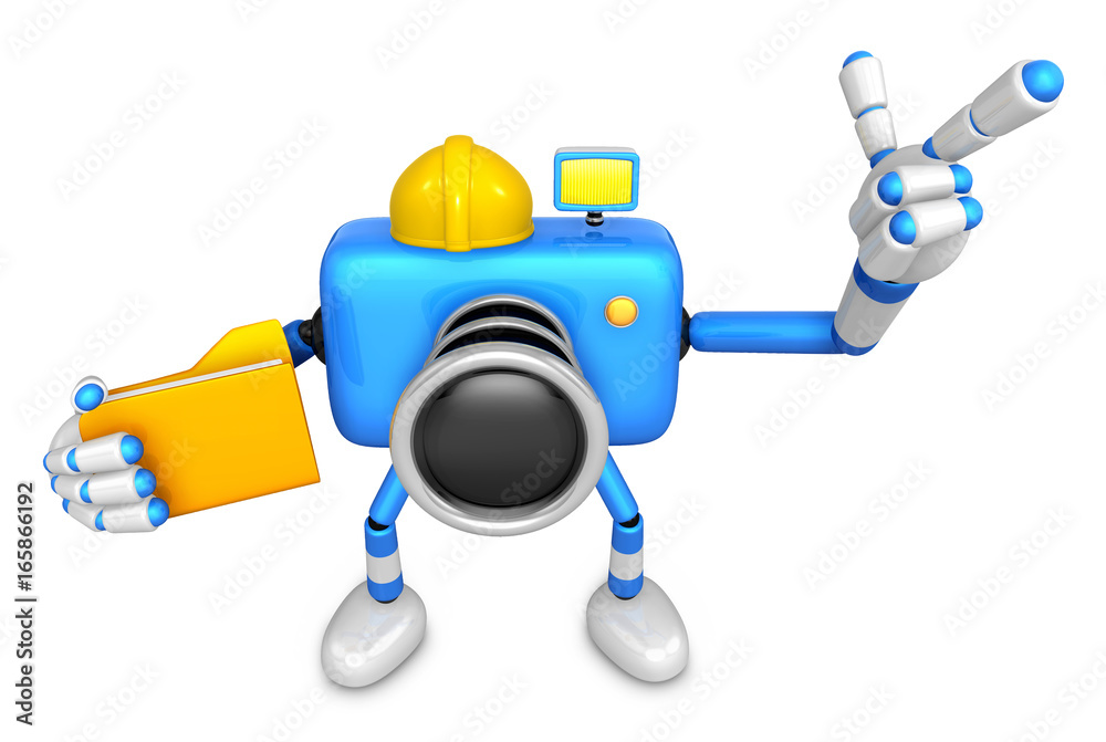 Engineer Blue Camera Character on the left hand Holding in folder. The right  hand point the finger. Create 3D Camera Robot Series. ilustración de Stock  | Adobe Stock