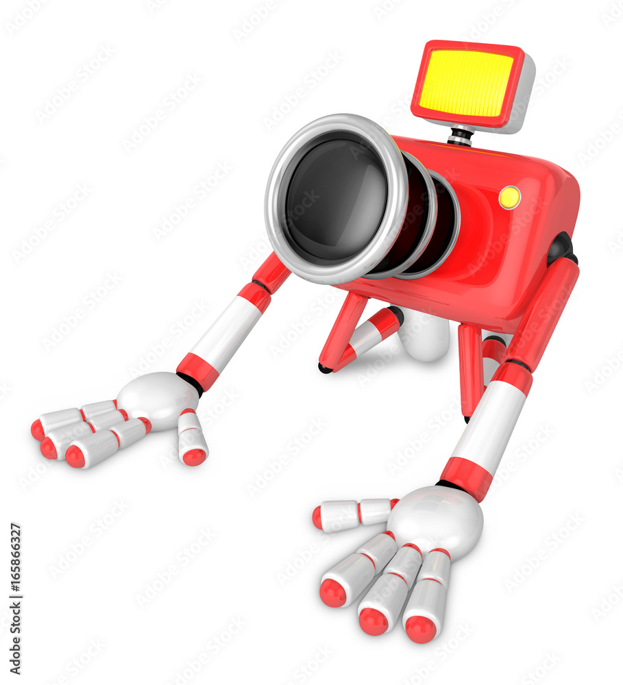 Red Camera Character kneel in prayer. Create 3D Camera Robot Series.