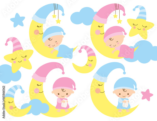 Baby on the moon vector illustration. Cute baby boy and girl sleeping and sitting on the moon.