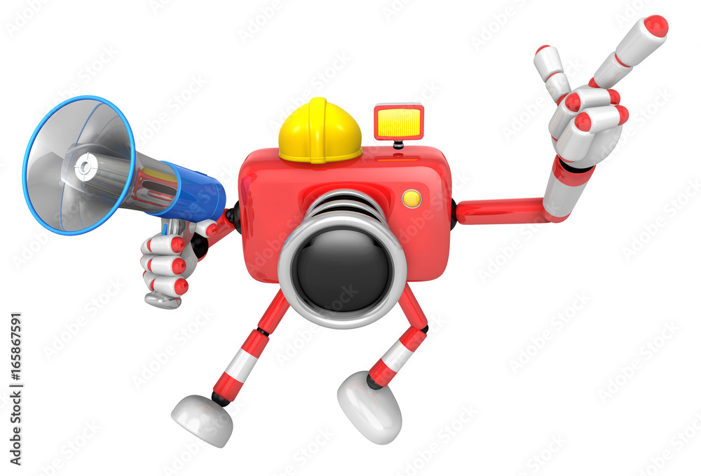 The left hand point the finger Engineer Red Camera Character. The right hand is holding a Loudspeaker. Create 3D Camera Robot Series.