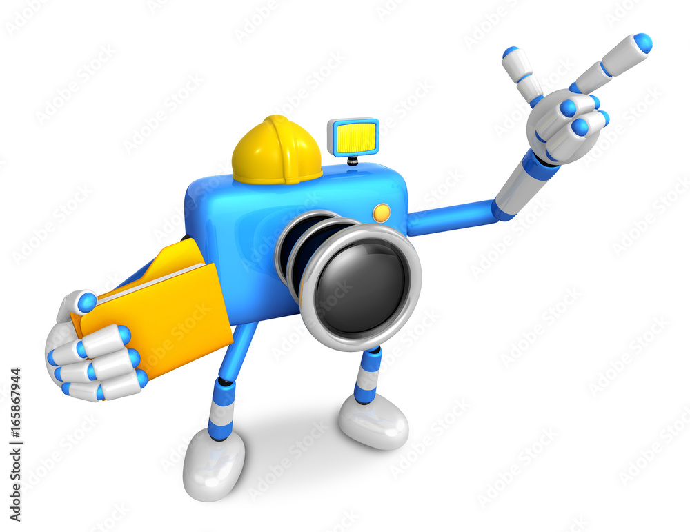 Engineer Blue Camera Character on the left hand Holding in folder. The right hand point the finger. Create 3D Camera Robot Series. Engineer Blue Camera Character on the left hand Holding in folder. The right hand point the finger. Create 3D Camera Robot Series.