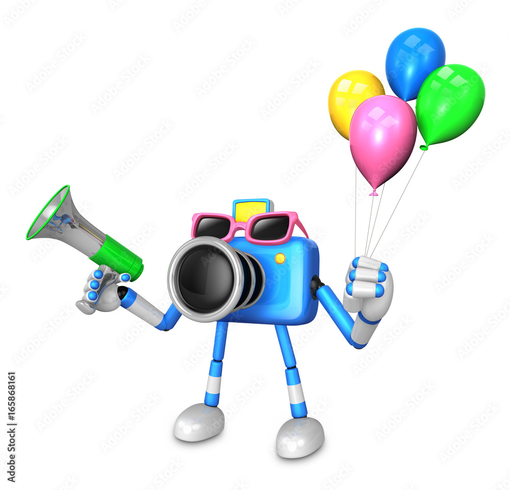 Blue camera character to the event activity. Create 3D Camera Robot Series.