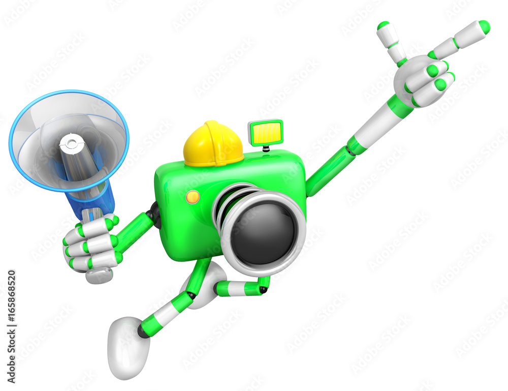 The left hand point the finger Engineer Green Camera Character. The right hand is holding a Loudspeaker. Create 3D Camera Robot Series. The left hand point the finger Engineer Green Camera Character. The right hand is holding a Loudspeaker. Create 3D Camera Robot Series.