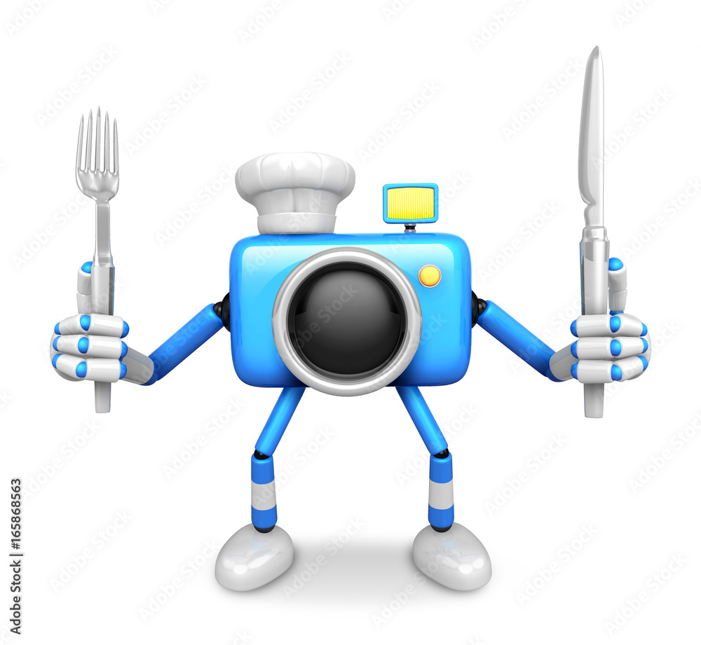 Chef Blue Camera Character right hand, Fork in the left hand holding a Knife. Create 3D Camera Robot Series. Chef Blue Camera Character right hand, Fork in the left hand holding a Knife. Create 3D Camera Robot Series.