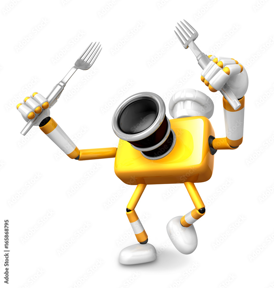 Yellow Camera Character Cook camera in both hands to hold a fork. Go on foot walking. Create 3D Camera Robot Series. Yellow Camera Character Cook camera in both hands to hold a fork. Go on foot walking. Create 3D Camera Robot Series.