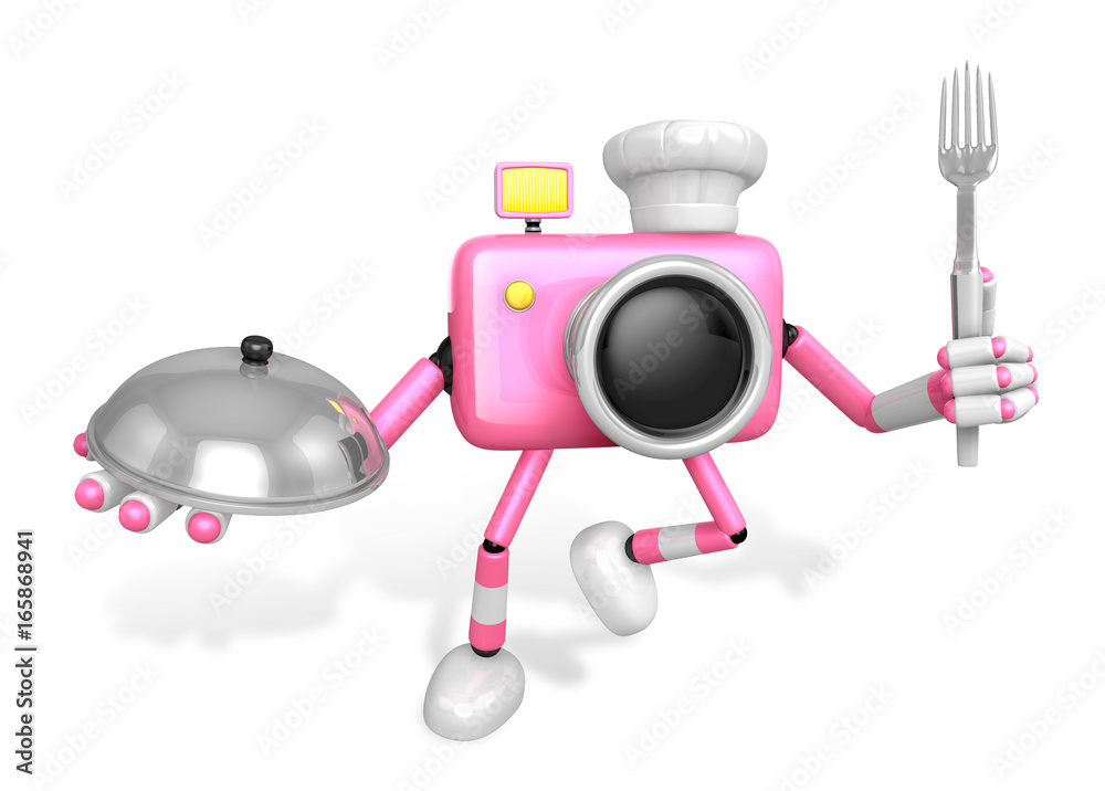 Chef Pink Camera Character right hand, Plate in the left hand holding a fork. Create 3D Camera Robot Series.