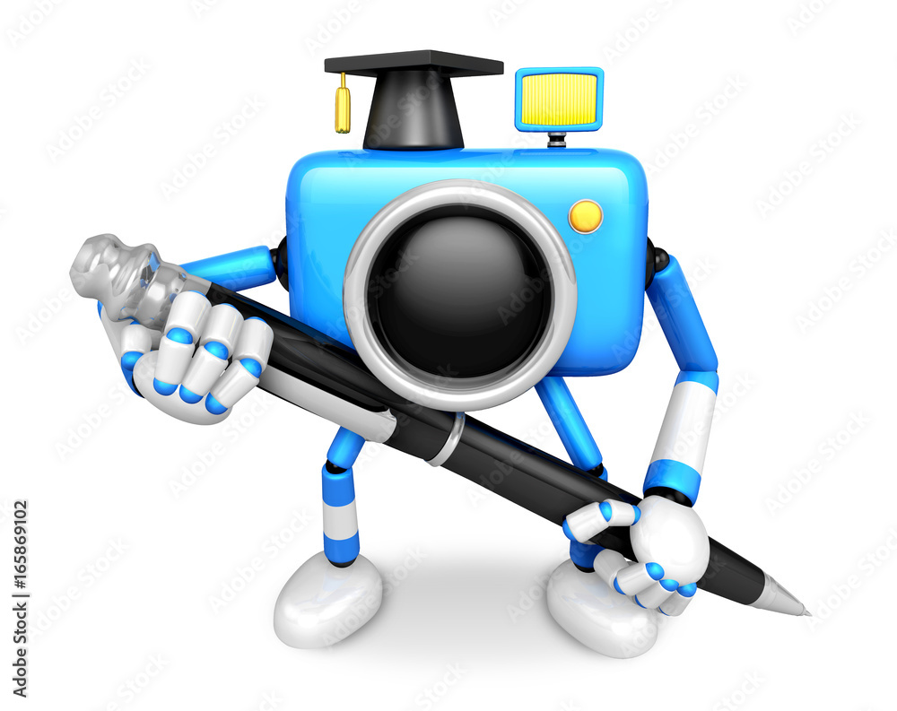 Blue Camera Character ballpoint pen a handwriting. Create 3D Camera Robot Series.