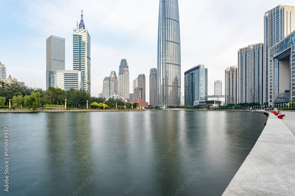 Fototapeta premium Tianjin city waterfront downtown skyline with Haihe river,China.