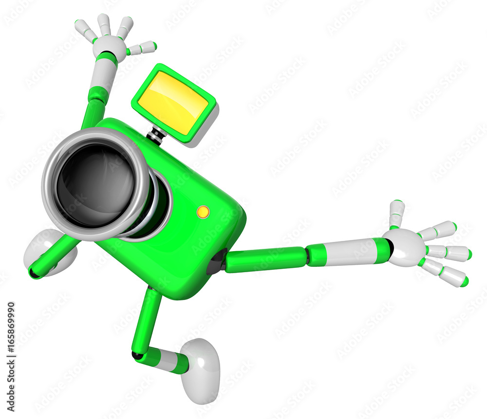 The Green Camera Character in Dynamic photos of the jump shot camera. Create 3D Camera Robot Series.