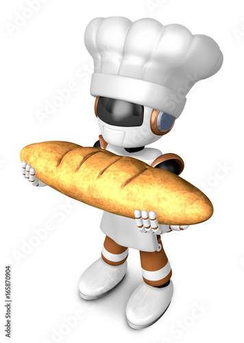Brown chef robot character holding large baguettes matches. Create 3D Humanoid Robot Series.