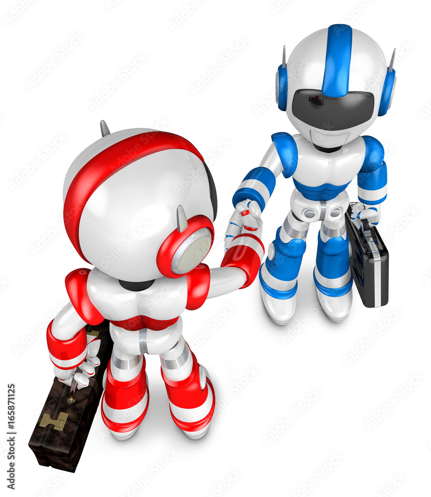 Shake hands Blue robot and Red robot facing each other. Create 3D Humanoid Robot Series.