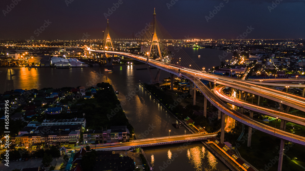 Fototapeta premium Rama 9 Bridge in Thailand. The landmark. The symbol is the symbol of the king of Thailand. Bird eye view