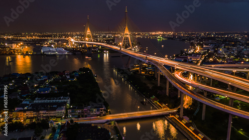 Rama 9 Bridge in Thailand. The landmark. The symbol is the symbol of the king of Thailand. Bird eye view © meen_na