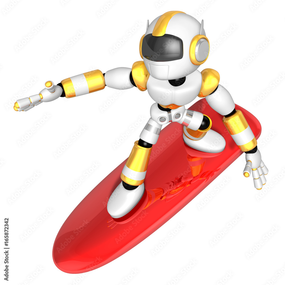3D Yellow robot is riding a surf board to the left. Create 3D Humanoid Robot Series. 3D Yellow robot is riding a surf board to the left. Create 3D Humanoid Robot Series.
