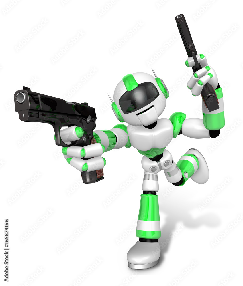 3D Green Robot Mascot holding a Automatic pistol with both hands. Create 3D Humanoid Robot Series. 3D Green Robot Mascot holding a Automatic pistol with both hands. Create 3D Humanoid Robot Series.