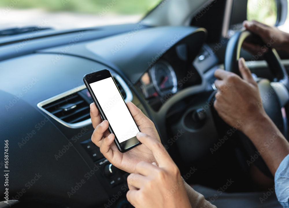 close-up hand touching on phone mobile inside car movement