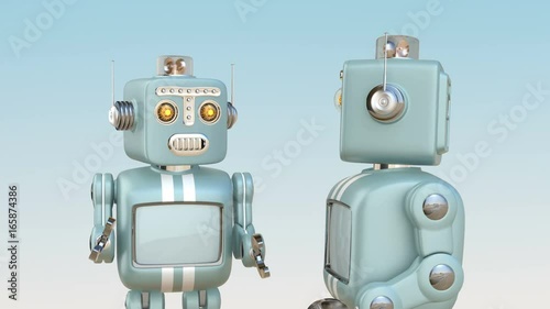 Two retro robots chatting with each other. Chatbot concept. 3D rendering animation.