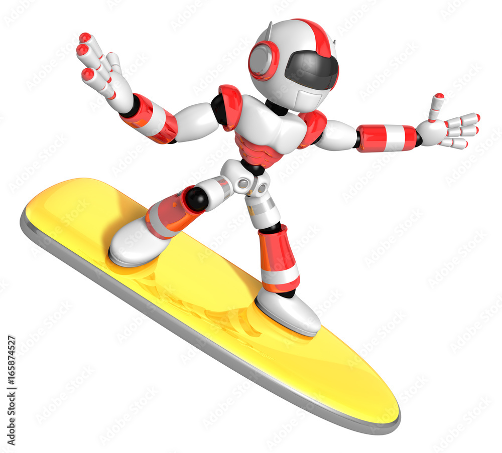 3D Red robot is riding a surf board to the Right. Create 3D Humanoid Robot Series.